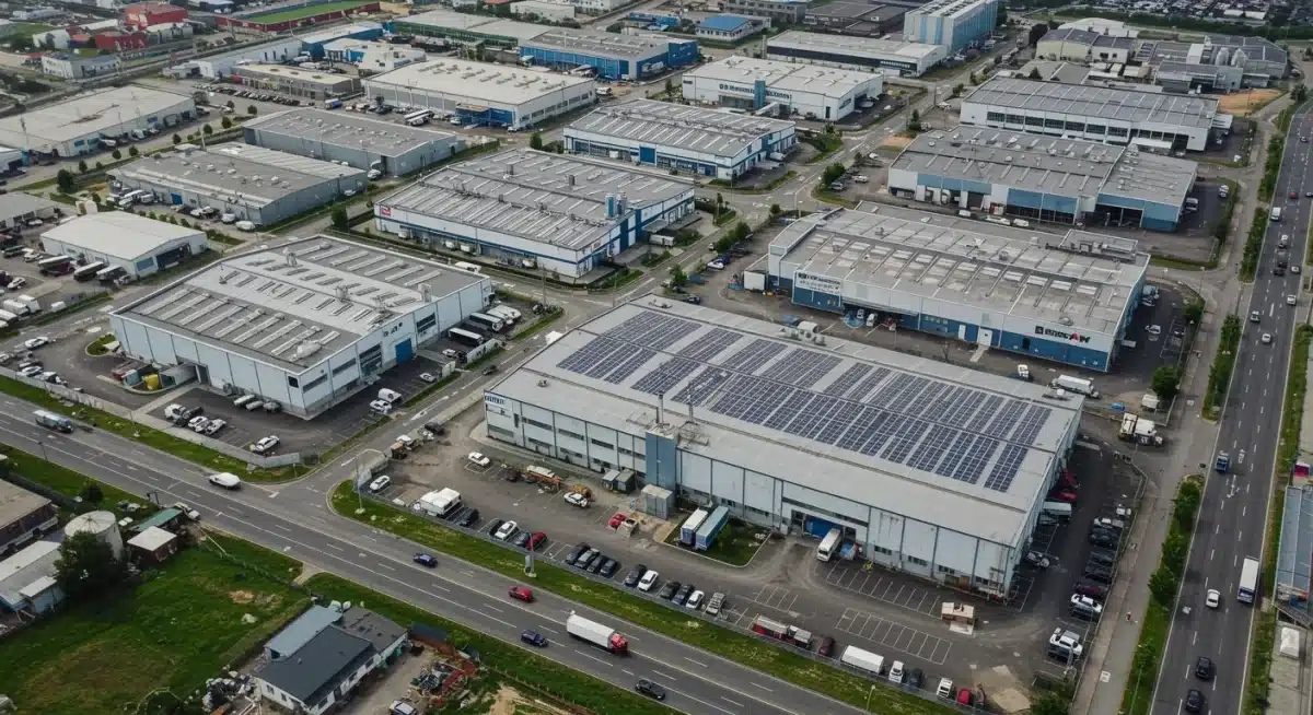 Parque industrial moderno con fábricas y paneles solares, representando inversión en sectores estratégicos y economía verde