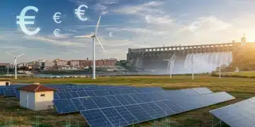 Paisaje español con paneles solares, aerogeneradores y gráficas financieras, simbolizando la inversión en energías renovables.