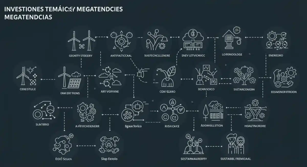 Infografía sobre inversiones temáticas y megatendencias en España, incluyendo energía renovable y IA.