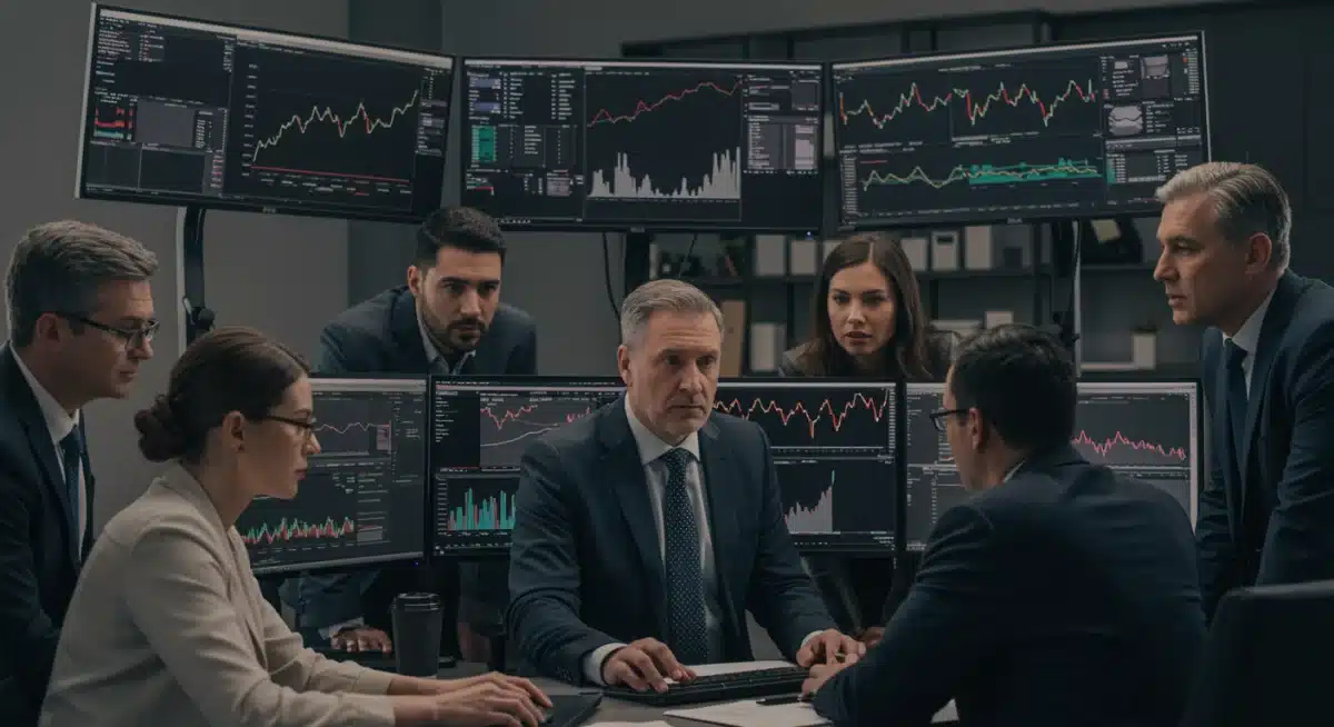 Grupo diverso de inversores analizando pantallas con gráficos bursátiles y noticias financieras, representando la toma de decisiones estratégicas.