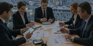 Inversores analizando gráficos financieros con el skyline de Madrid al fondo, simbolizando la evaluación de riesgos en inversiones en España.