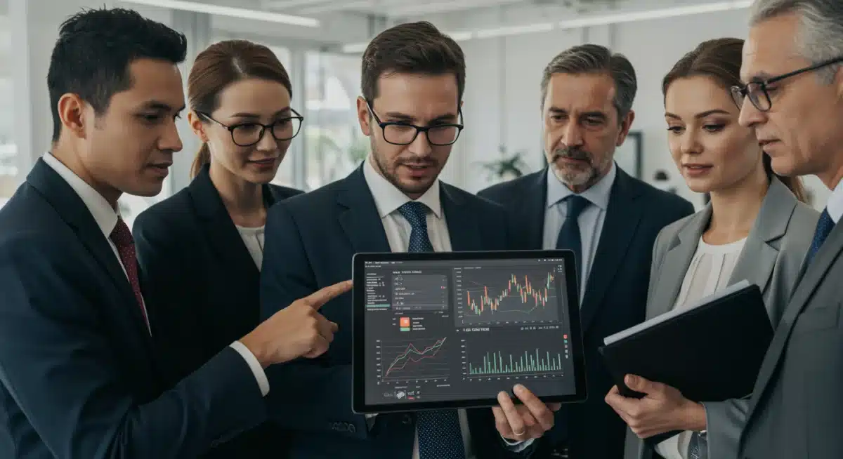 Inversores analizando gráficos de metales preciosos en una tableta, discutiendo estrategias de inversión.