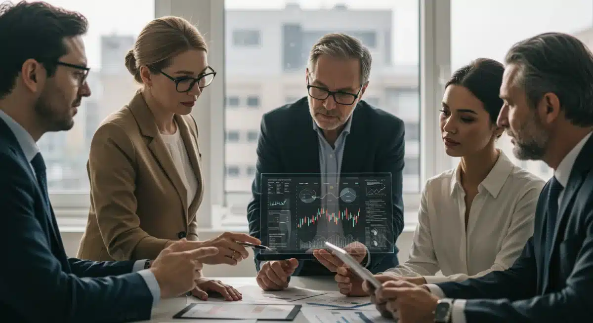 Inversores analizando datos del mercado inmobiliario español en una oficina moderna.