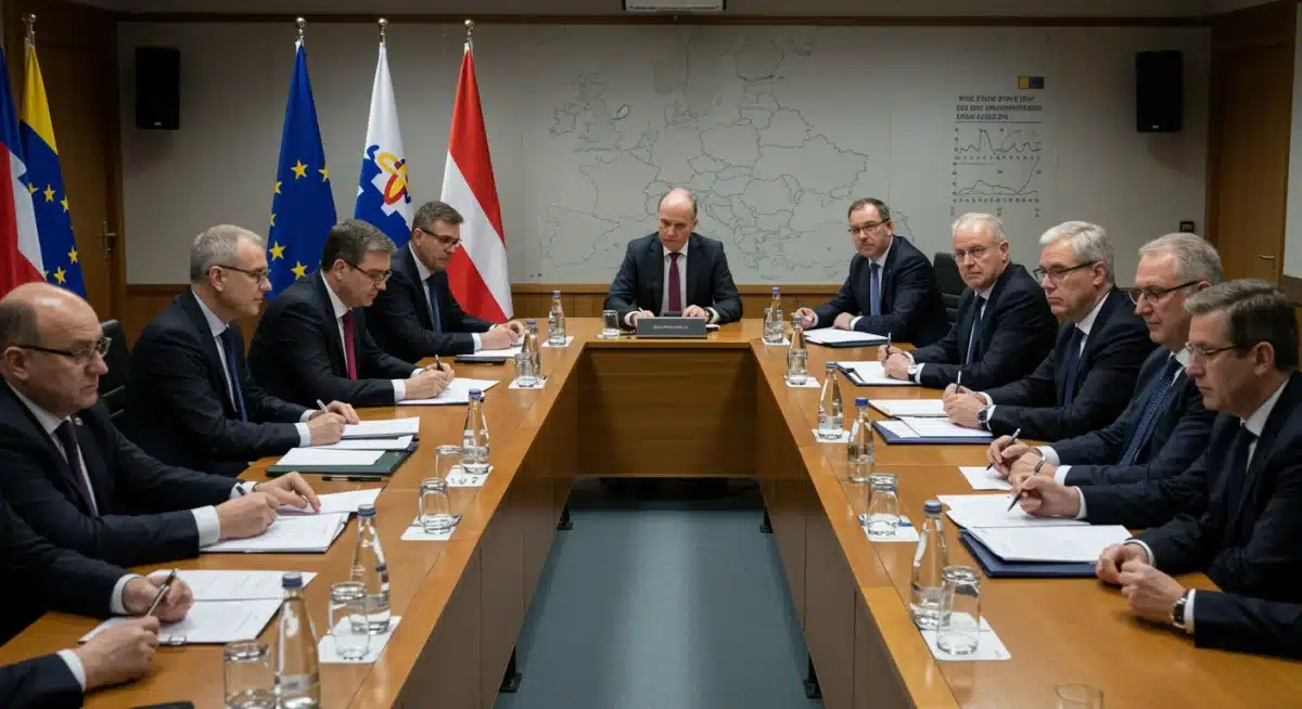 Líderes europeos en una reunión discutiendo políticas económicas y estabilidad fiscal de la Unión Europea.