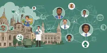 Gráfico futurista del mercado laboral español en 2026 con personas diversas y tecnología