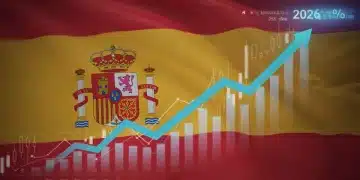 Gráfico bursátil dinámico con tendencia alcista y elementos de la bandera española, representando el crecimiento del mercado de valores en 2026.