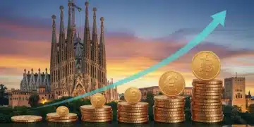 Monedas y gráficos de crecimiento digital con edificios emblemáticos de España, simbolizando microinversiones y prosperidad.