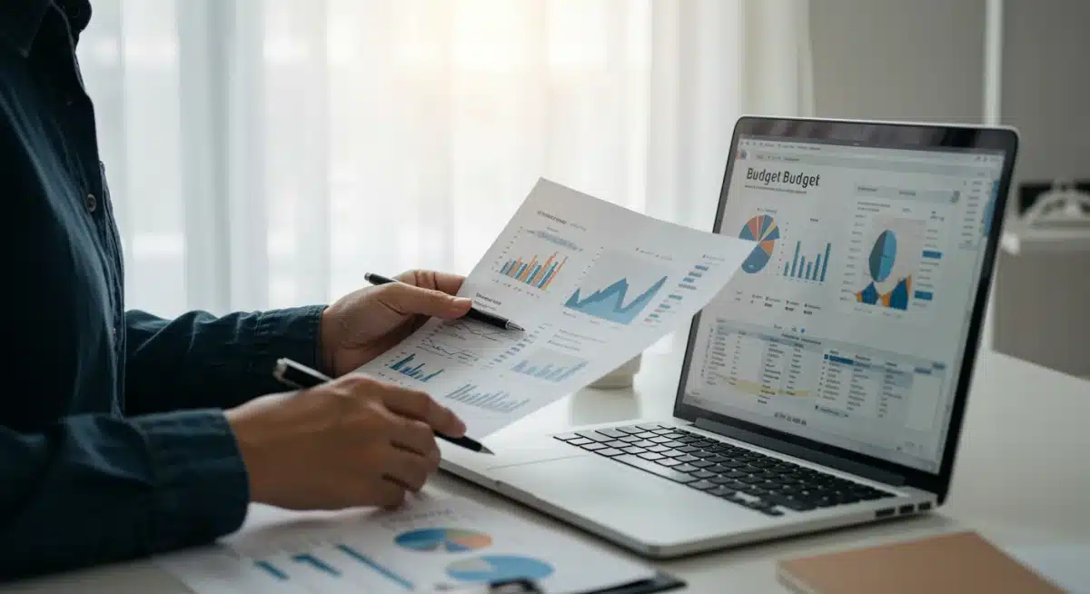 Persona concentrada organizando documentos financieros y revisando un presupuesto en su escritorio.