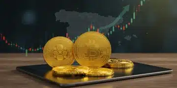 Monedas digitales de oro en una interfaz de inversión con gráficos financieros y un mapa de España de fondo, simbolizando la integración del oro digital en carteras españolas.