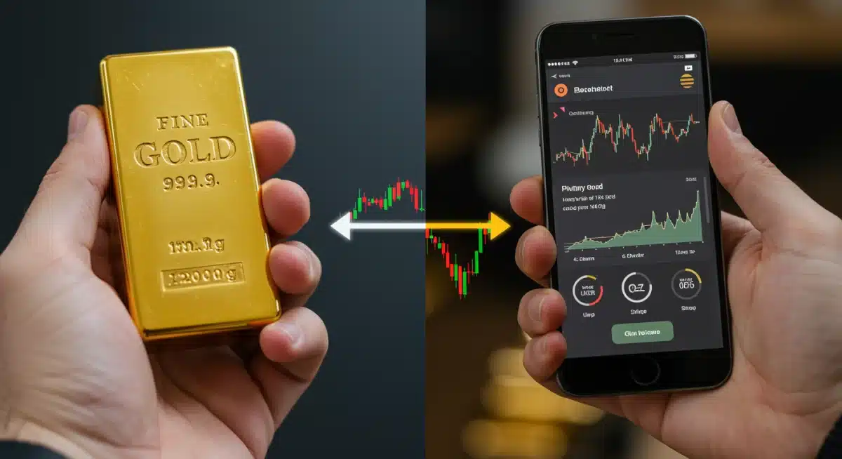 Mano sosteniendo lingote de oro físico junto a un smartphone con plataforma de trading de oro digital, ilustrando la fusión de lo tradicional y lo moderno en la inversión.