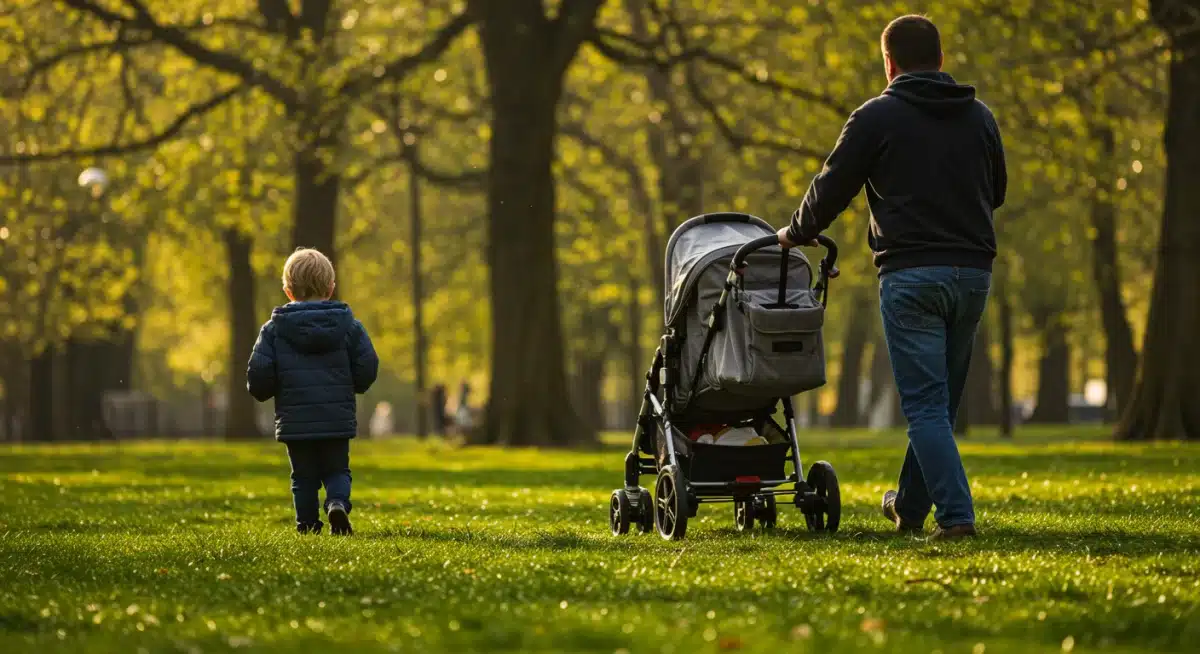 Padre paseando con sus hijos, simbolizando los gastos de cuidado infantil y las deducciones.