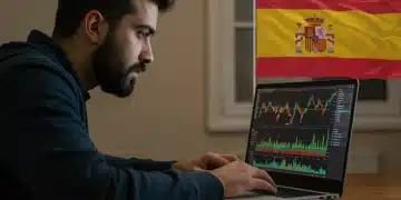 Persona analizando gráficos de criptomonedas en un portátil, con la bandera de España de fondo, representando la declaración fiscal de activos digitales.