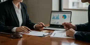 Mujer y hombre revisando documentos legales y financieros para planificación fiscal de herencias.