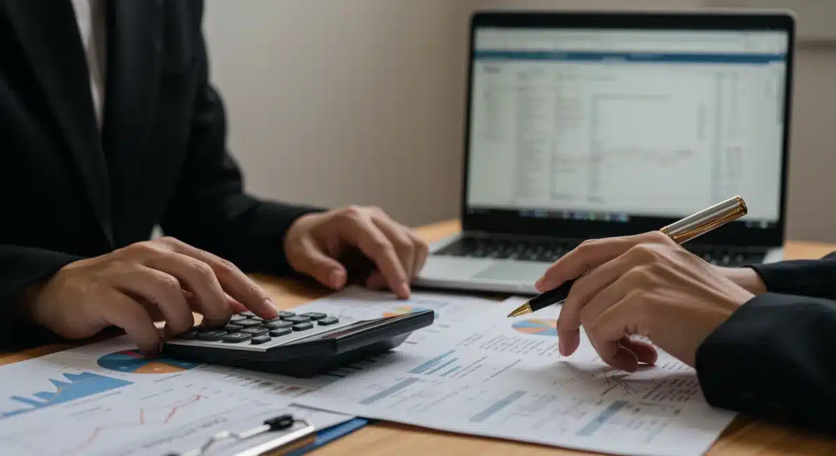 Manos utilizando una calculadora y revisando documentos financieros, simbolizando la planificación fiscal para el IVA 2026.