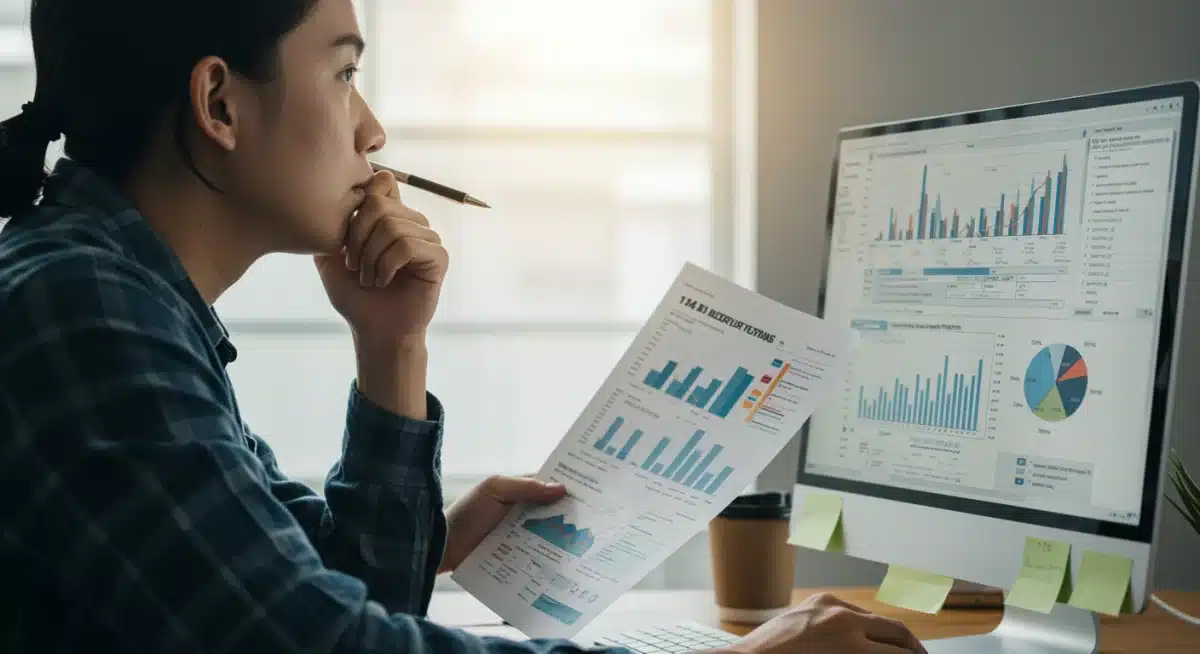 Persona analizando gráficos financieros y formularios de impuestos en un ordenador para su planificación fiscal.