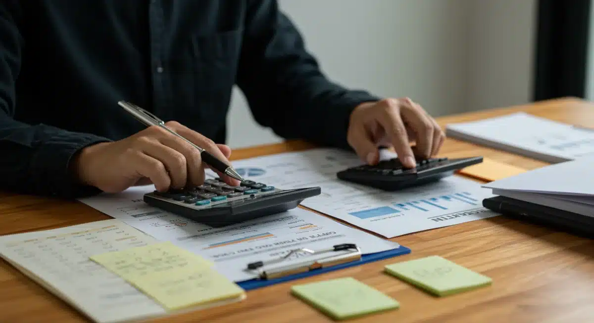 Persona organizando documentos y calculando pagos de deuda educativa, simbolizando planificación financiera.