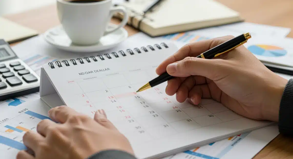Mano señalando una fecha importante en un calendario, simbolizando un plazo fiscal inminente.