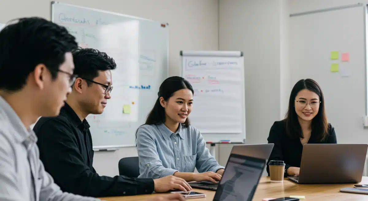 Equipo multicultural de profesionales colaborando en una oficina moderna