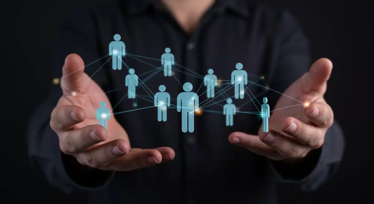 Red de personas interconectadas simbolizando apoyo comunitario y colaboración en la gestión de deuda.