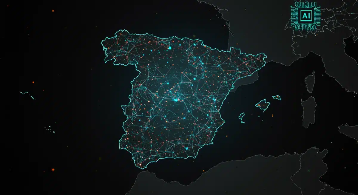 Red neuronal de IA superpuesta sobre el mapa de España, simbolizando el impacto financiero.