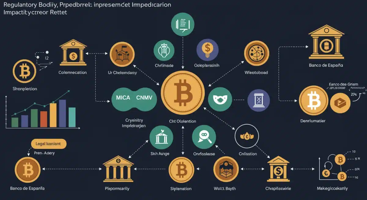 Infografía detallada de los marcos regulatorios y organismos que afectan a las criptomonedas en España, incluyendo MiCA y la CNMV.