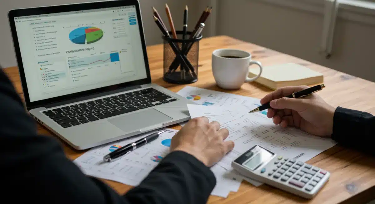 Persona revisando documentos financieros y presupuesto en un ordenador