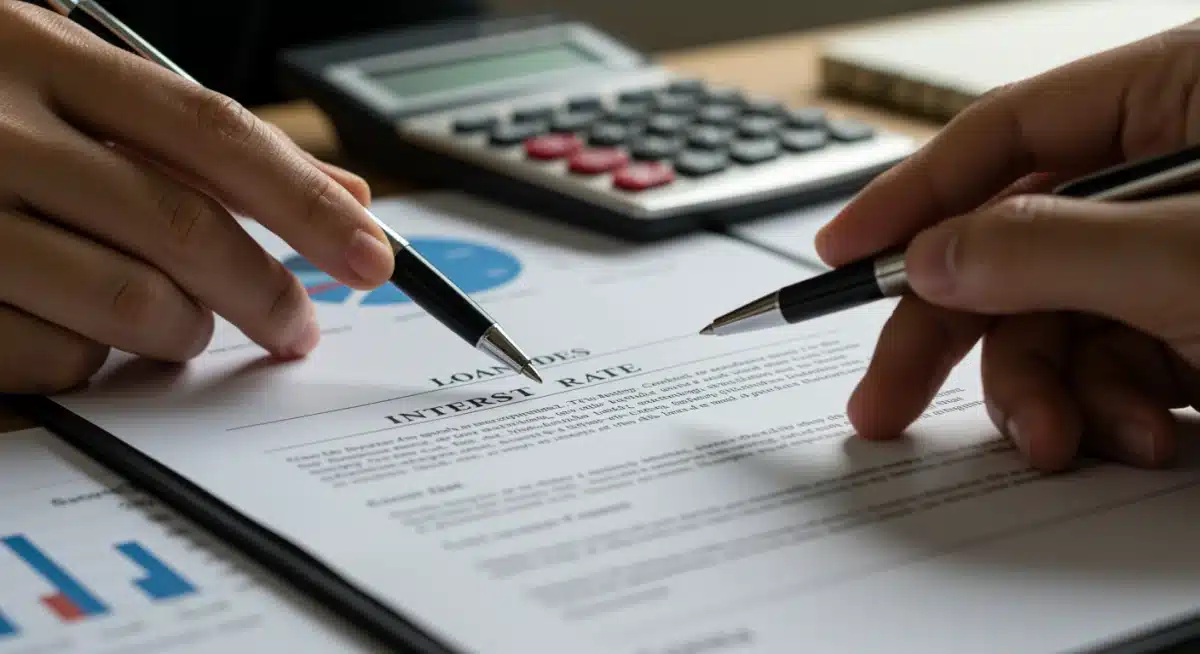 Mano señalando el tipo de interés en un contrato de préstamo