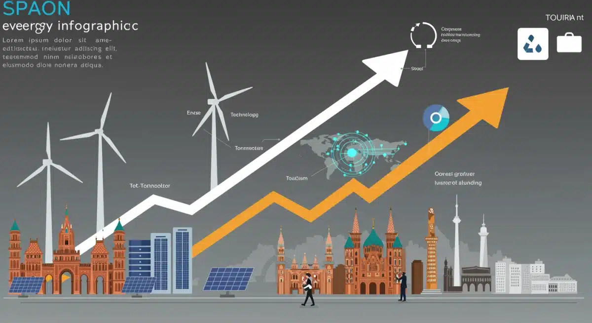 Infografía de sectores clave en España: energías renovables, tecnología y turismo, mostrando crecimiento de inversión.