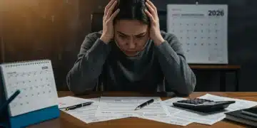 Stressed person reviewing tax documents for amendment