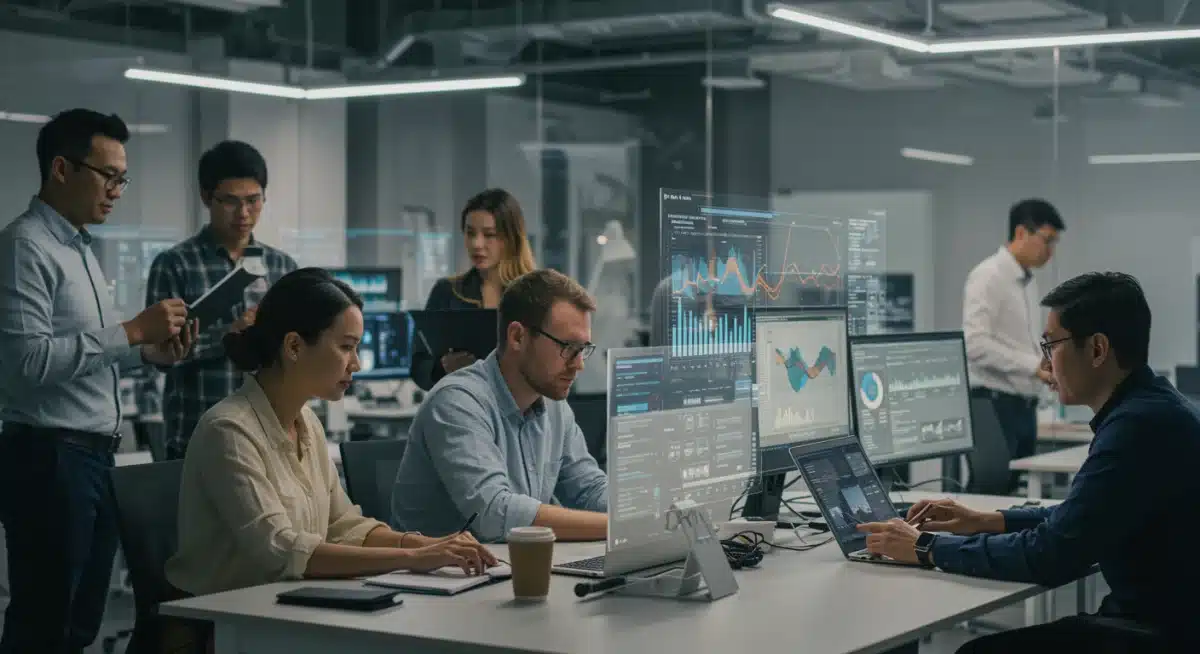 Profesionales colaborando en un entorno digital avanzado, simbolizando la capacitación y el talento digital en España.