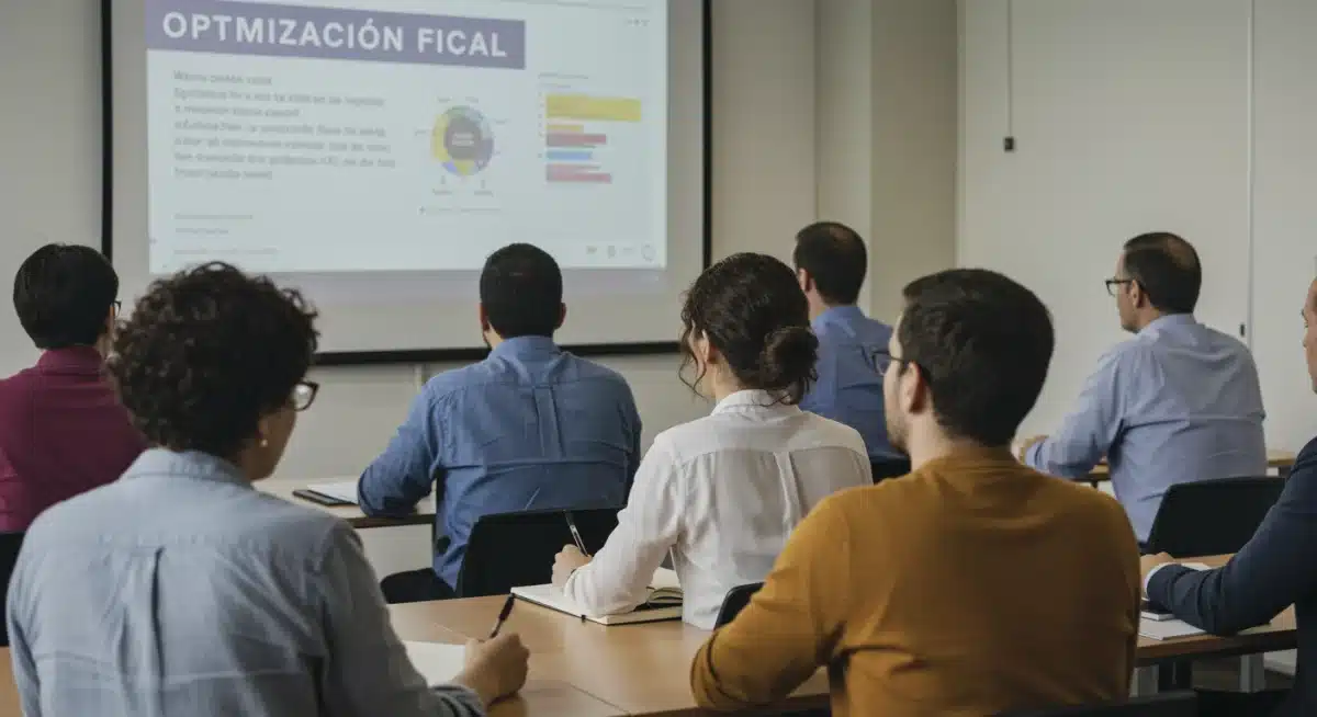 Grupo de autónomos y pequeños empresarios en un seminario sobre optimización fiscal, tomando notas y participando activamente.