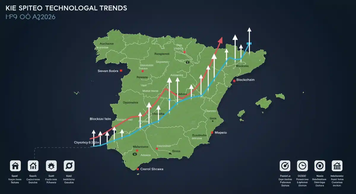 Infografía de tendencias tecnológicas clave en España para 2026: IA, blockchain, ciberseguridad y tecnología sostenible.