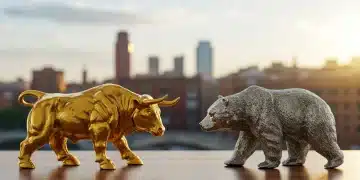 Estatua de toro dorado y oso plateado en un escritorio financiero, representando la inversión en oro y plata en España.