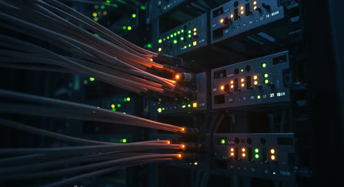 Centro de datos con servidores y luces, simbolizando la transformación digital en España.