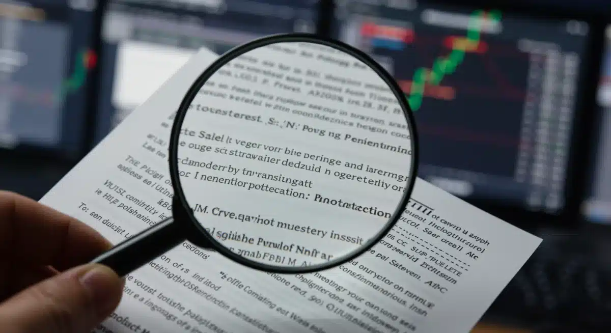 Lupa examinando cláusulas de un documento legal financiero, representando la transparencia y protección al inversor.