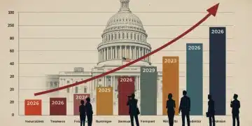 Graph showing rising US federal debt towards 2026 with Capitol Building in background.