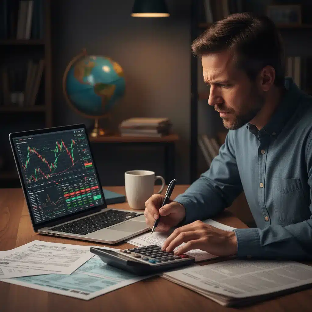 Persona analizando gráficos financieros y documentos fiscales en un ordenador portátil, planificando estrategias de inversión.