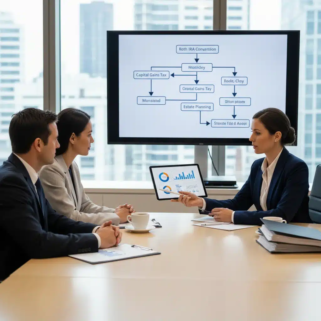 Asesor financiero explicando planificación de impuestos a una pareja en una oficina moderna