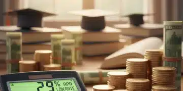 Calculadora mostrando una tasa de interés reducida y billetes, simbolizando el ahorro en préstamos estudiantiles.