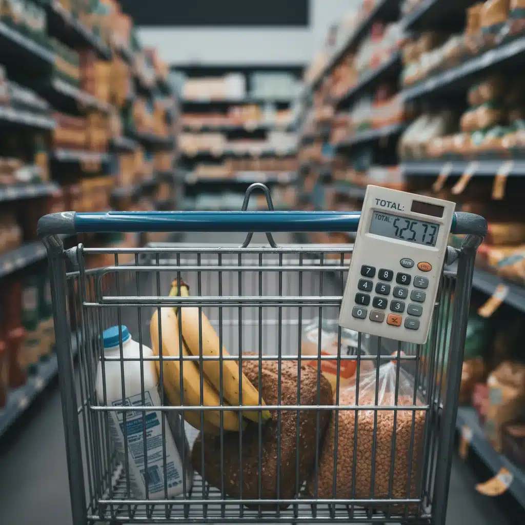 Carrito de compras con menos productos y calculadora mostrando precios altos debido a la inflación.