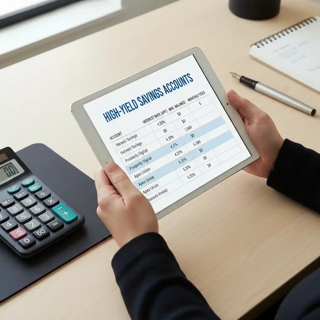 Manos sosteniendo una tableta con tabla comparativa de cuentas de ahorro de alto rendimiento.