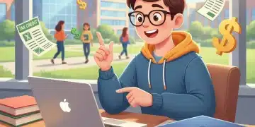 Estudiante feliz con símbolos de dinero y formularios fiscales, representando créditos educativos.
