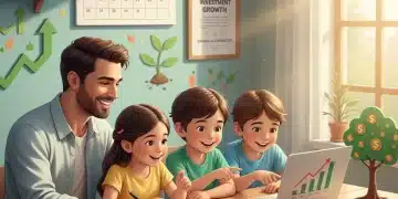 Familia feliz revisando documentos fiscales y una laptop, simbolizando ahorros en 2026
