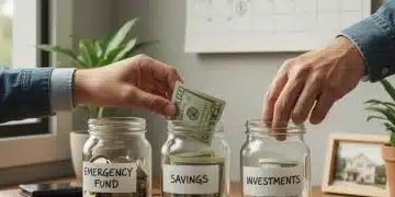 Persona organizando monedas y billetes en frascos etiquetados para un fondo de emergencia en 2026, símbolo de planificación financiera.
