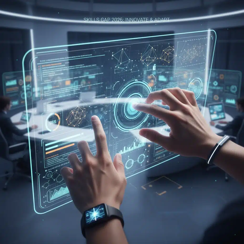 Manos trabajando en una interfaz digital compleja, representando la demanda de habilidades tecnológicas en el mercado laboral de 2026.