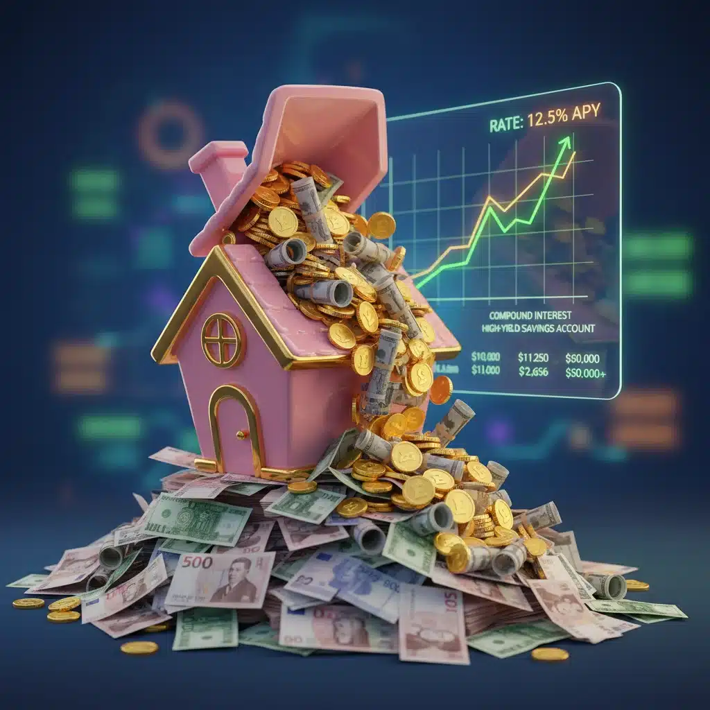 Hucha en forma de casa desbordando dinero, con gráfico de interés compuesto de fondo.