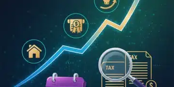 Gráfico financiero ascendente con calendario 2026 y lupa sobre documentos fiscales, simbolizando el impuesto sobre ganancias de capital.