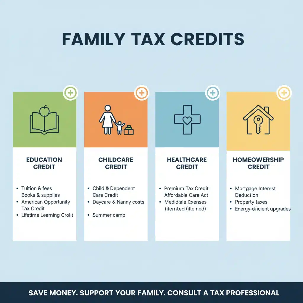 Infografía detallada de créditos fiscales para familias, incluyendo educación y cuidado infantil