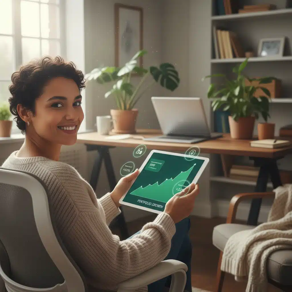 Persona sonriendo mientras revisa un gráfico de inversiones en una tablet, simbolizando éxito financiero automatizado.