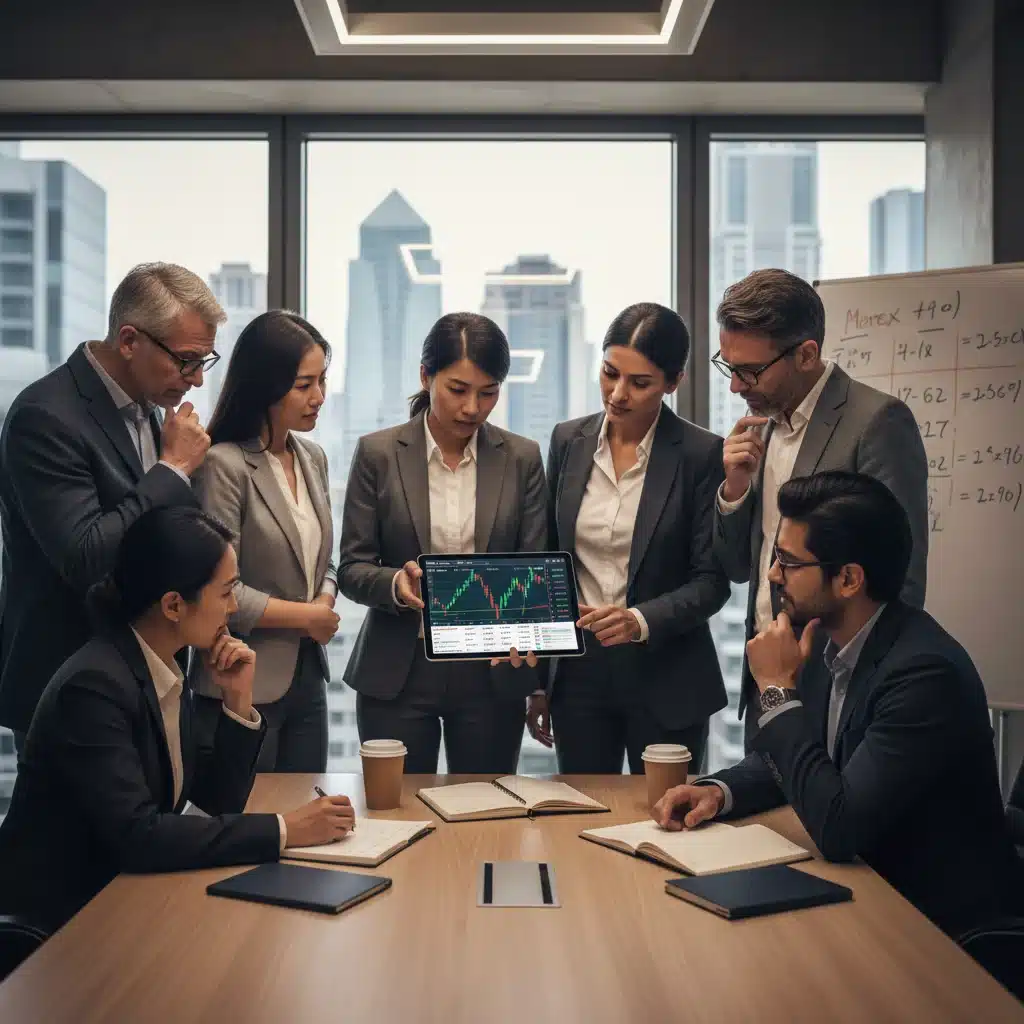 Inversores analizando datos del mercado de valores y noticias financieras en una tableta